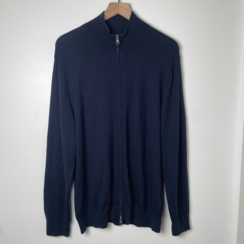 Naadam Full Zip Sweater Mens XL Navy Blue 100% Cashmere Mock Neck Quiet Luxury